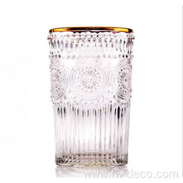 embossed clear water glass cup with gold rim